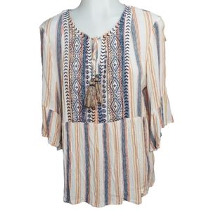 Artesia Boho Peasant Embroidered Striped Blouse Top